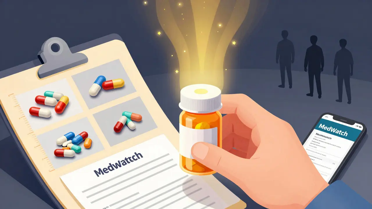 Legal folder with pill photos and doctor’s note, glowing gradients symbolizing justice.