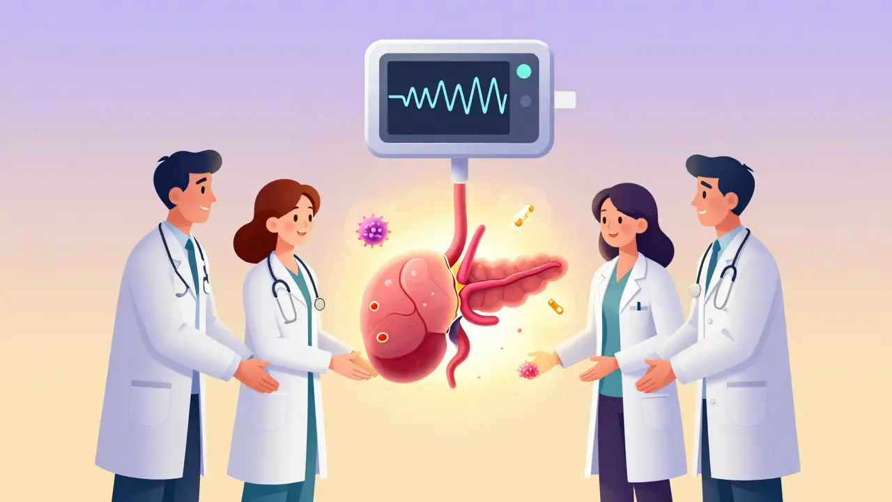 Medical team supporting a repairing pancreas with enzymes and stem cells under a glowing monitor.