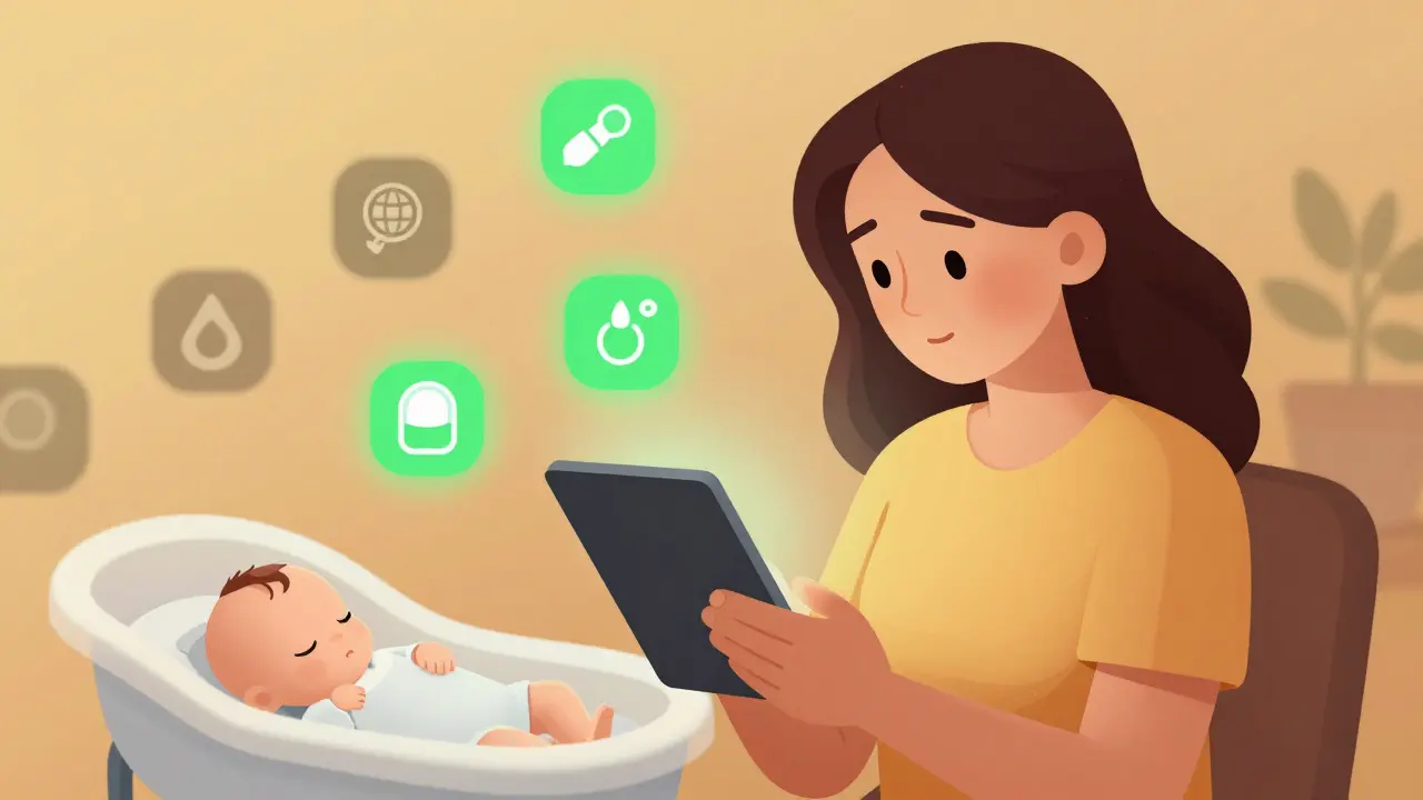 Mother checks LactMed app at night with safe medications glowing in green.