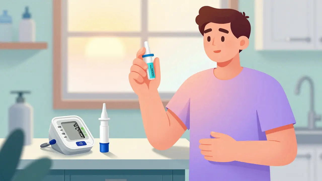 Naloxone spray next to EpiPen and blood pressure monitor on kitchen counter with sunrise lighting.