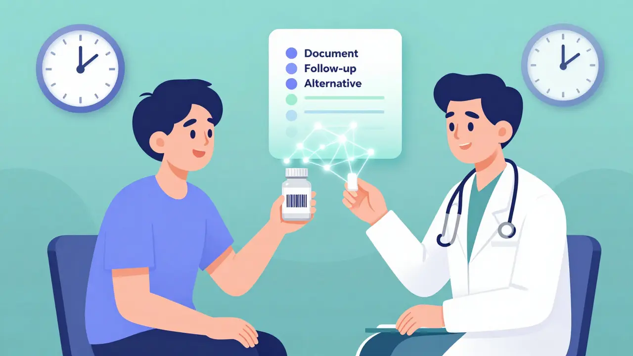 Patient and clinician reviewing a supplement barcode that transforms into a network of drug interactions.