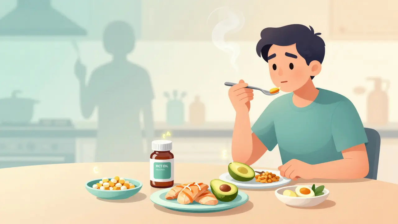 Patient eating small meals with enzymes and MCT oil, while smoking figure fades away in background.