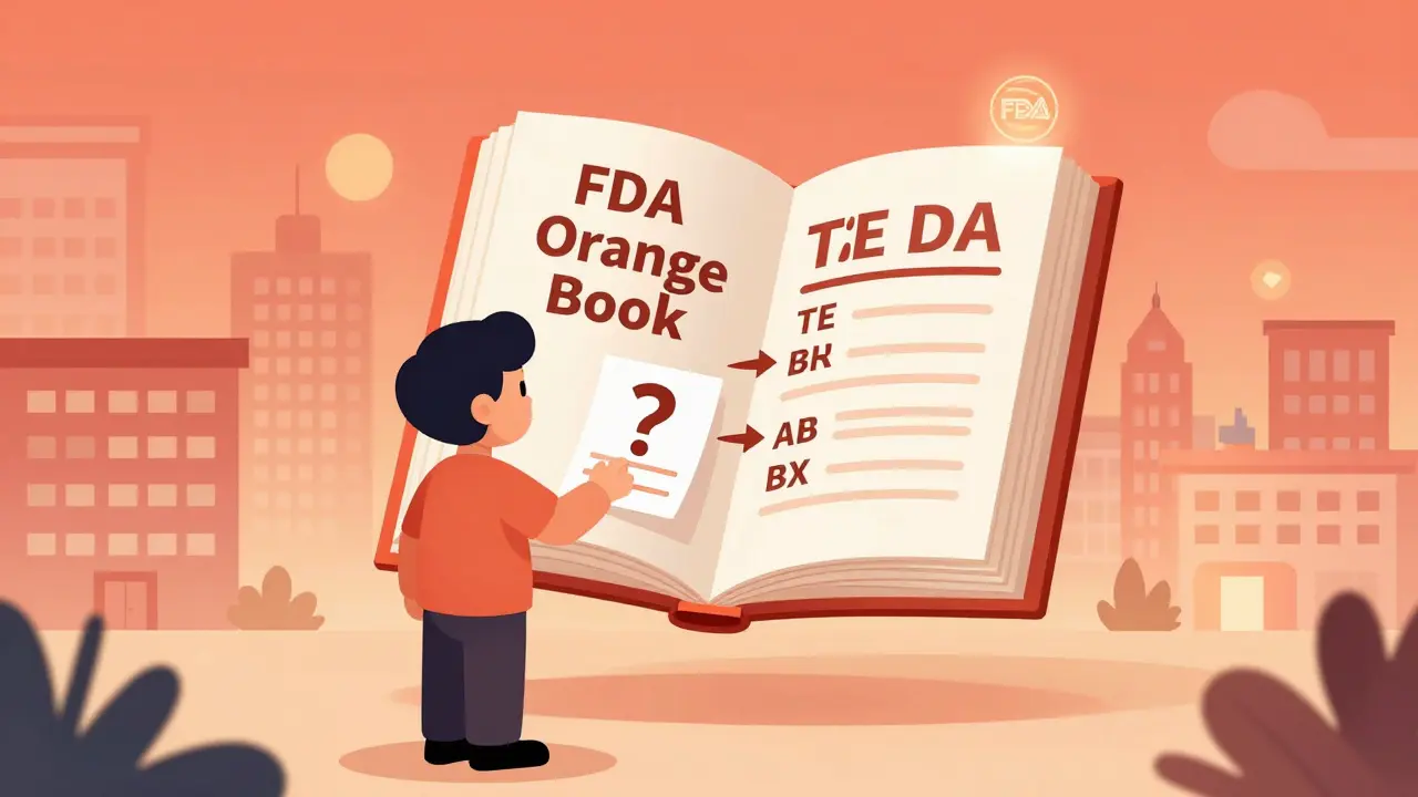 Patient facing a floating FDA Orange Book with TE codes glowing like a portal.