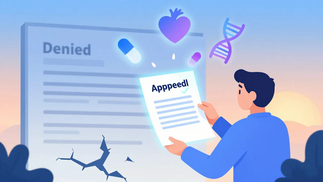Patient holding an appeal letter as an approval stamp descends, with medical icons glowing in gradient colors.