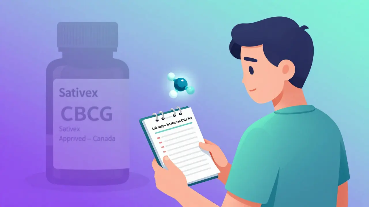 Patient journal tracking pain with a CBG molecule above, fading opioid bottle beside a prescription label for Sativex.