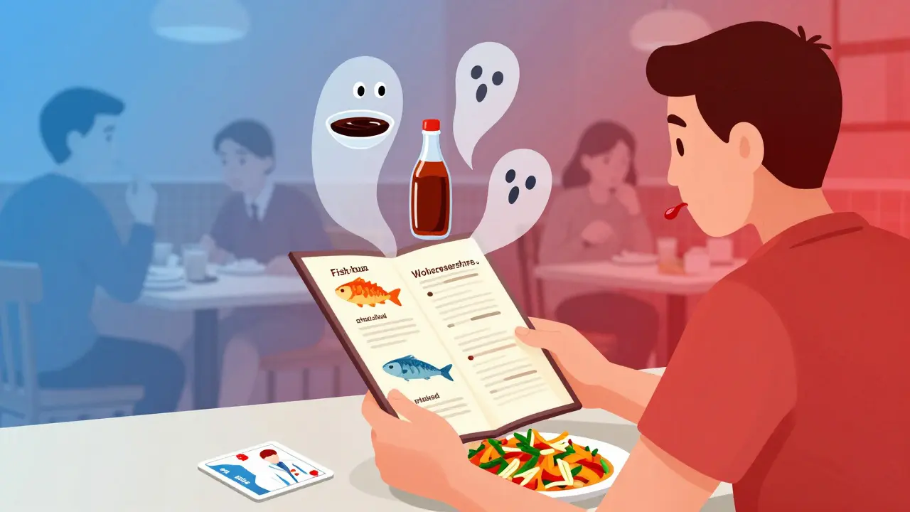 Person at restaurant with hidden tyramine ingredients floating above their meal, emergency card visible.