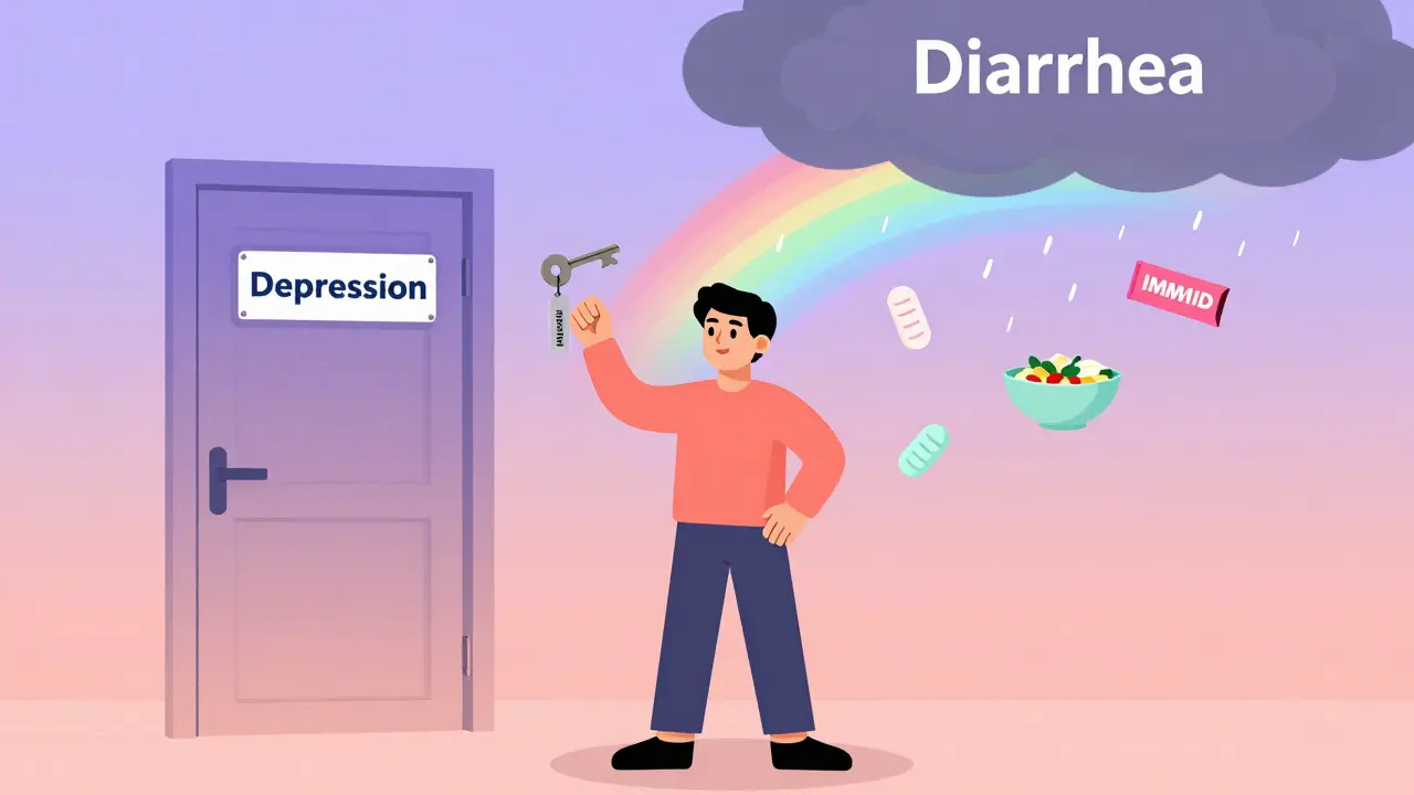 Person holding vilazodone key to depression door, storm cloud of diarrhea turning into rainbows