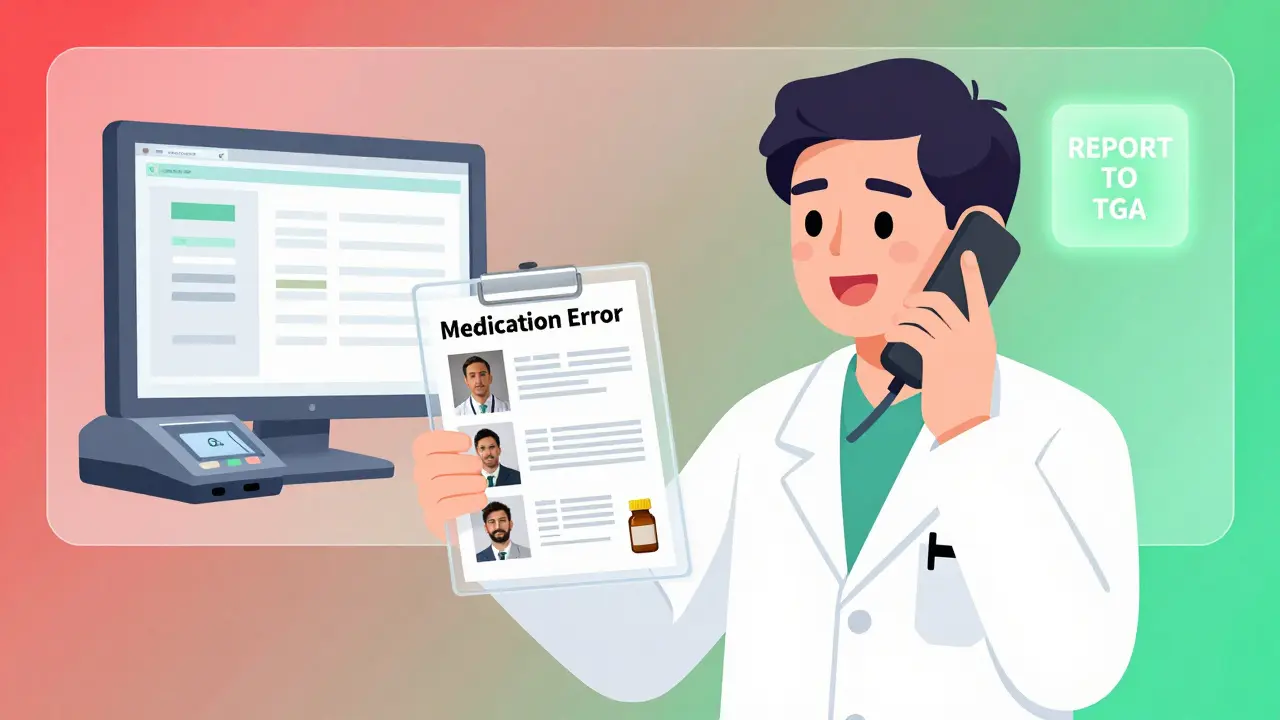 Person reporting pharmacy error with evidence folder, split-screen showing broken system and report button.