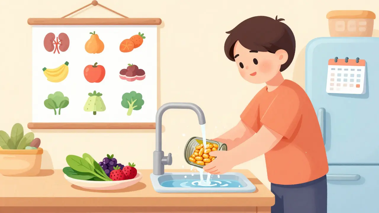 Person rinsing beans in kitchen with healthy foods and doctor's appointment on calendar.