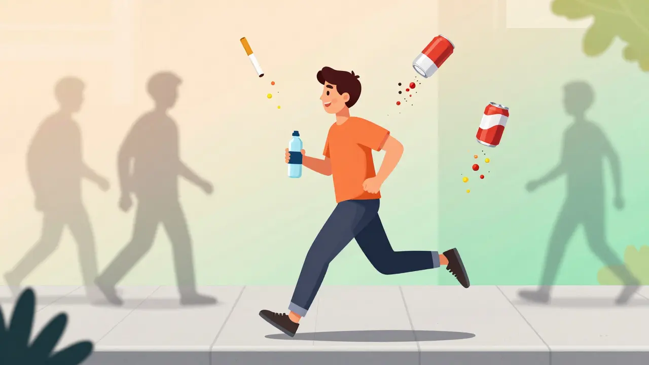 Person walking away from unhealthy habits as they dissolve into mist, symbolizing lifestyle change.