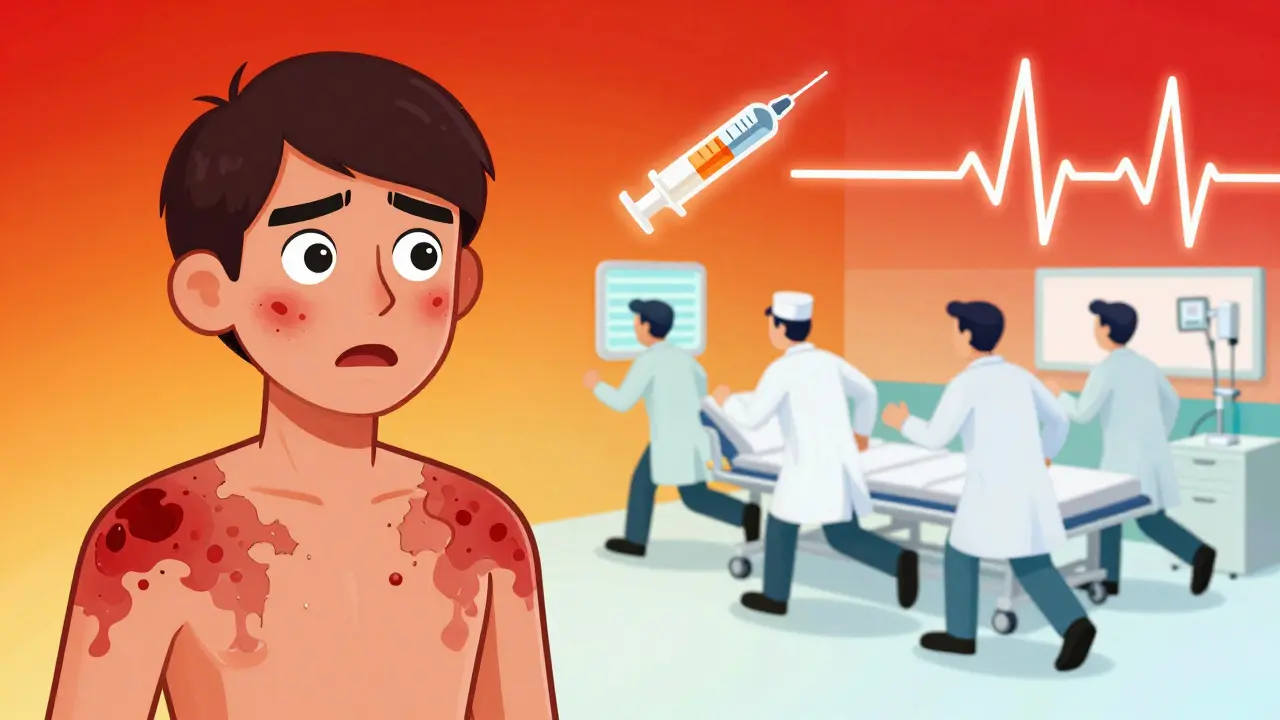 Person with blistering rash on one side, ER team rushing on the other in vivid gradient illustration.