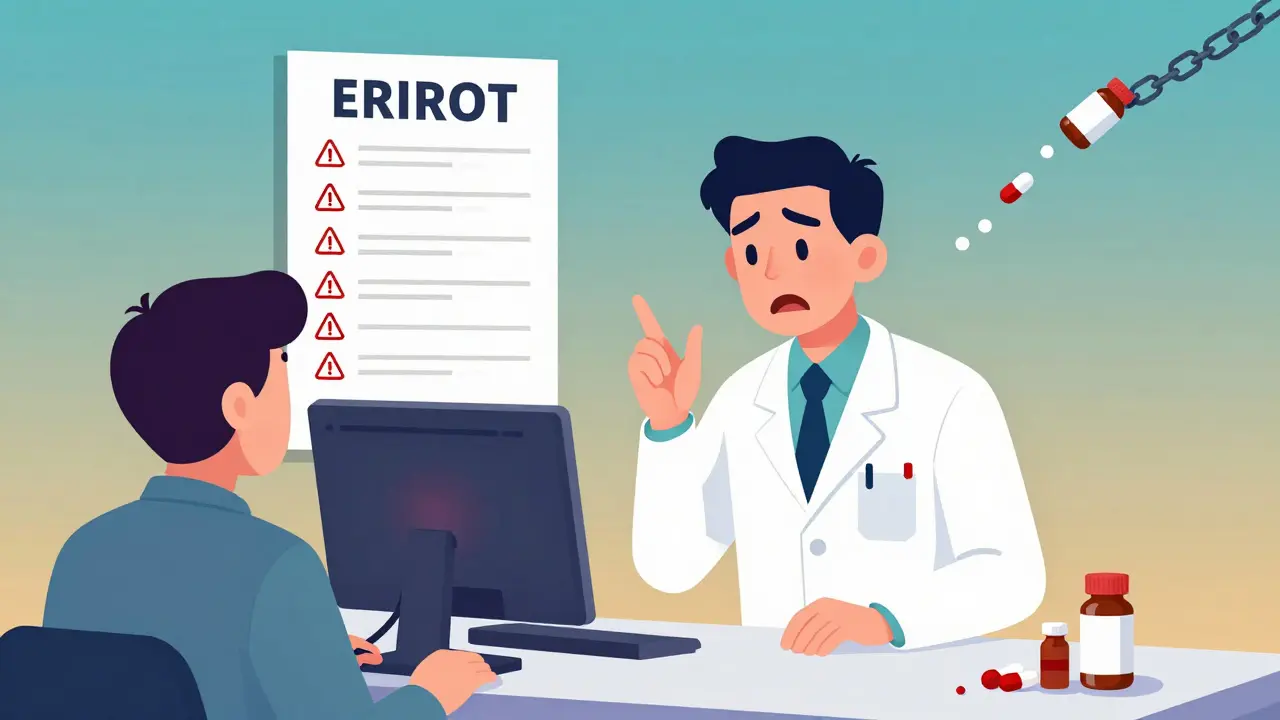 Pharmacist at counter with error log and broken scanner, highlighting systemic mistakes.