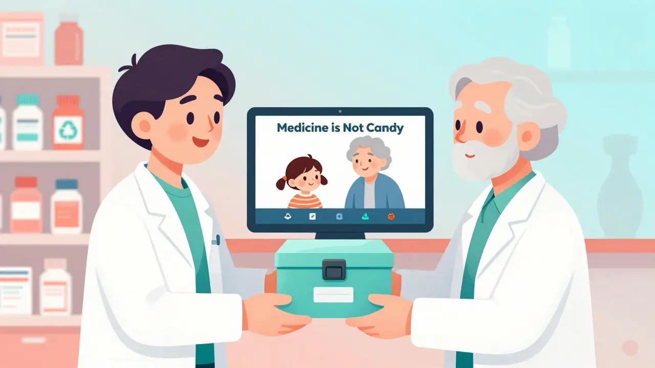 Pharmacist gives senior a lockbox as a video about medicine safety plays on a tablet.