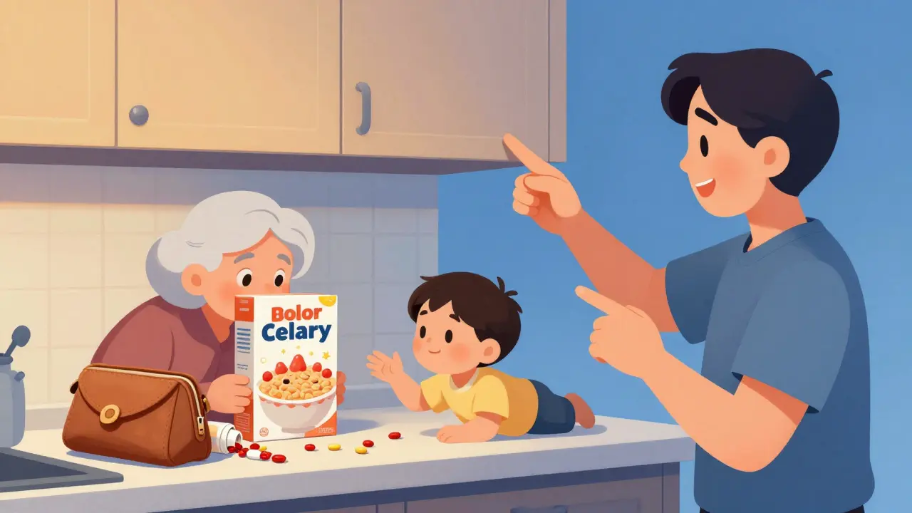 Pills spill from an open purse near a toddler, while parent guides to a safe cabinet.