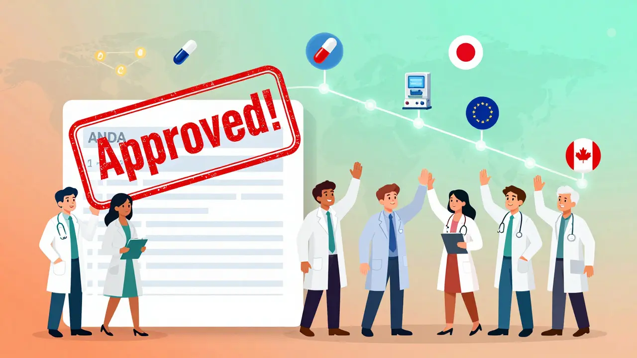 Scientists celebrating with an 'Approved!' stamp and a shortened timeline over global flags.