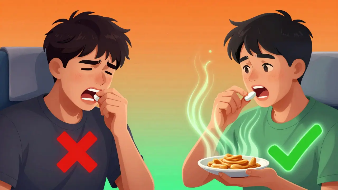 Side-by-side: vomiting from empty-stomach pill vs. successful pill with fatty snack.