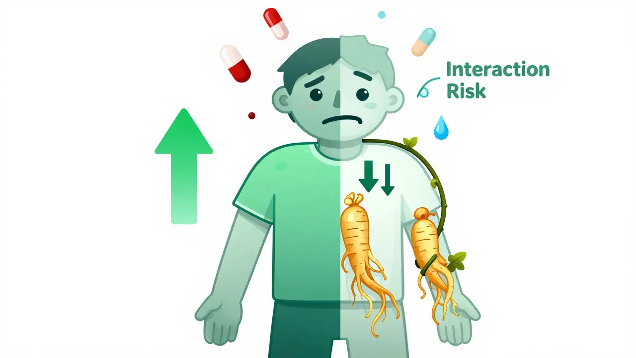 Split-body illustration showing stable vs. low blood sugar with ginseng roots pulling glucose away.