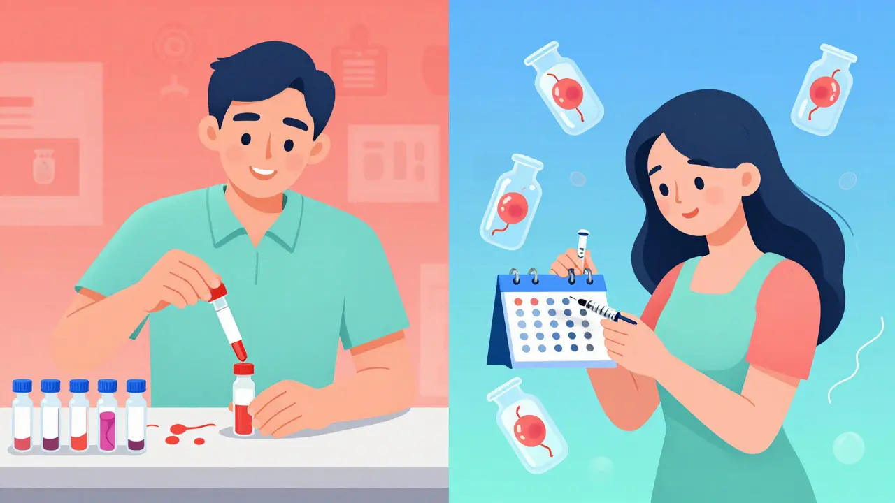 Split scene: man banking sperm and woman receiving hormone injections with frozen eggs floating around.