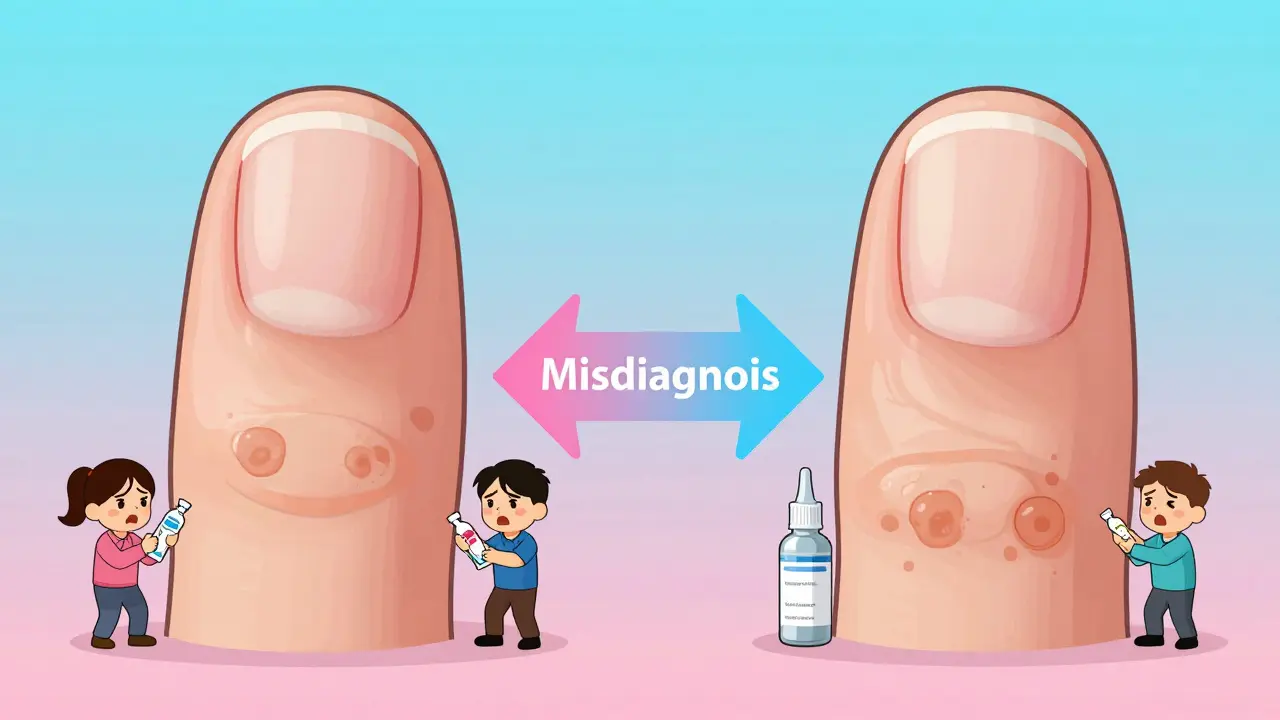 Timeline comparing how fungal and psoriatic nail changes develop, with patient figures holding incorrect treatments.