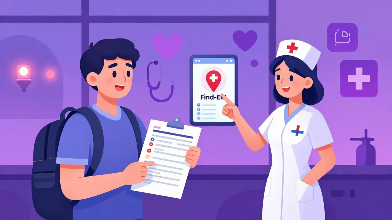 Traveler in an emergency room with a doctor showing an app that locates nearby clinics.