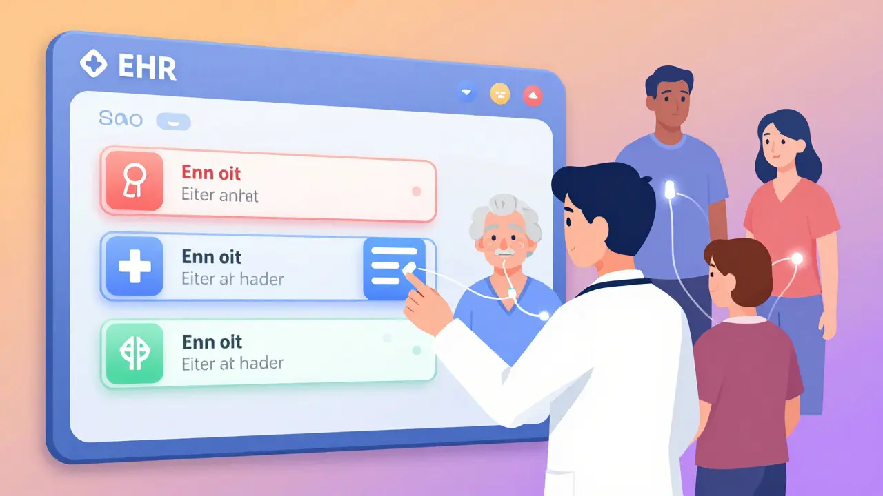 A doctor using an electronic health record system with real-time drug interaction alerts, connected to diverse patients.