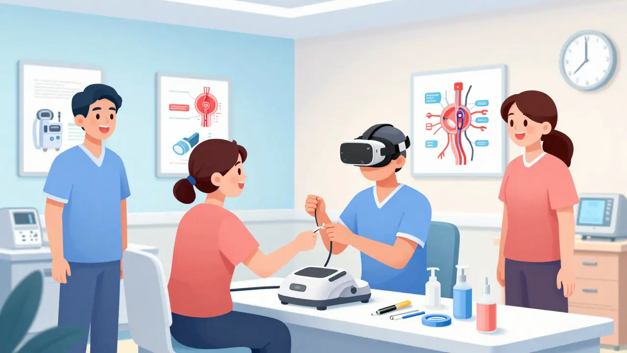 A patient and care partner train using a virtual reality simulator to practice dialysis needle insertion under instructor supervision.