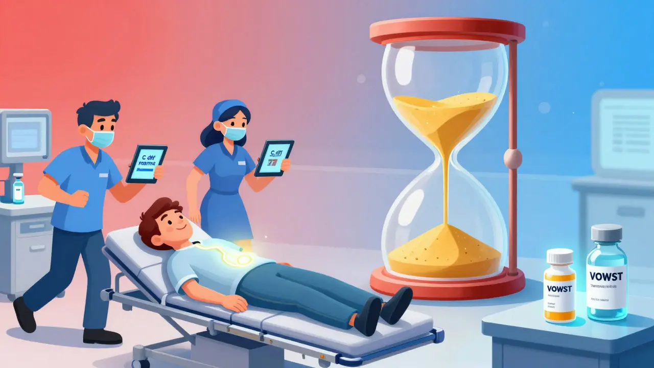 A patient in emergency room with rigid abdomen as medical team responds to C. diff diagnosis