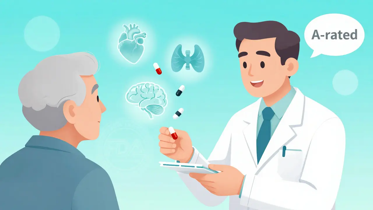 A pharmacist hands a prescription to an elderly patient, with medical icons floating above the pills and an FDA seal in the background.