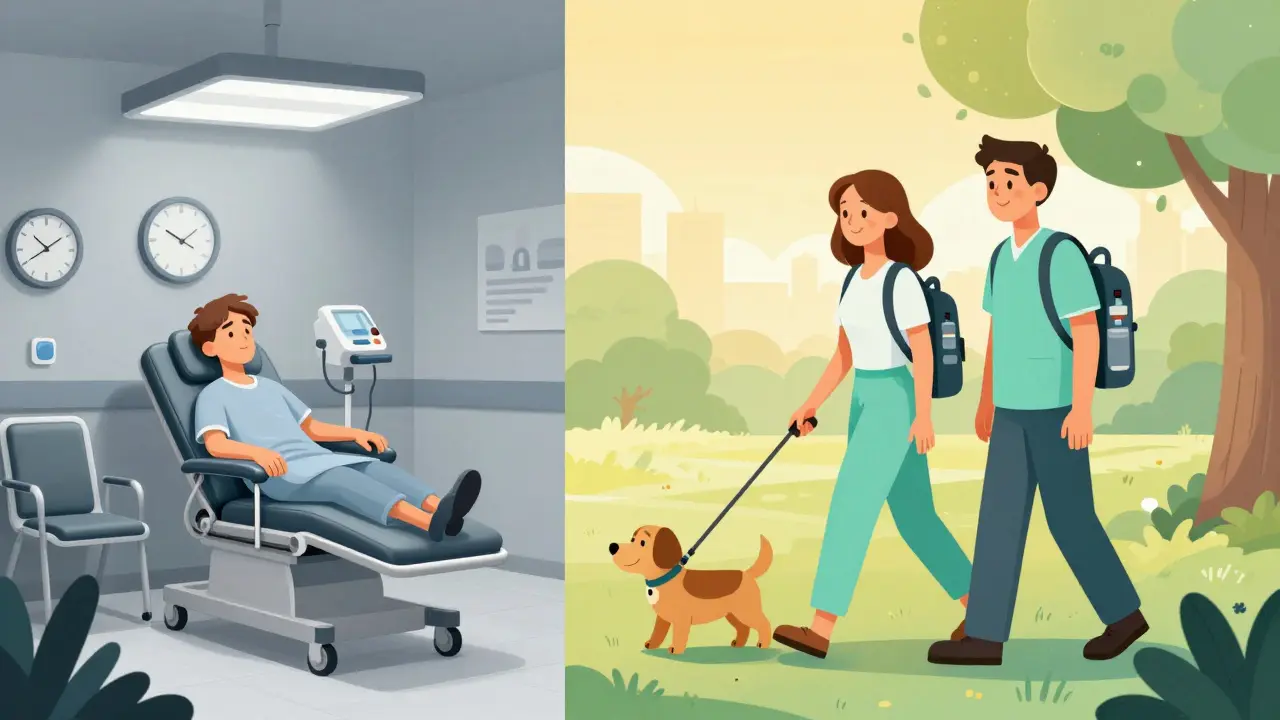 A split image showing contrast between a clinical dialysis setting and a person enjoying outdoor freedom with a portable dialysis device.