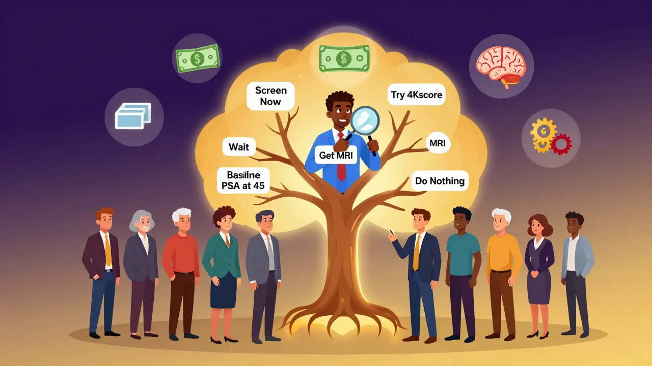 Diverse men around a glowing decision tree for prostate screening, highlighting options and equity in healthcare choices.