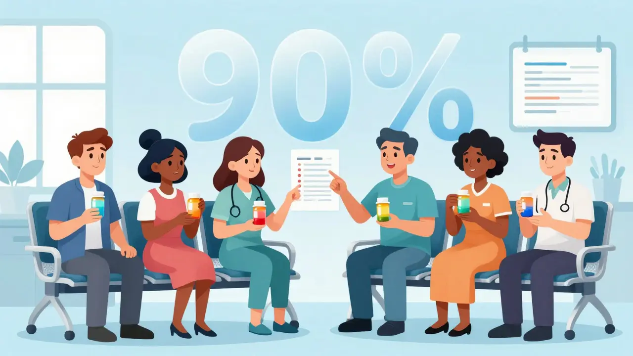 Diverse patients in a clinic hold generic pills, with a '90%' statistic above them, while one looks concerned about drug effectiveness.