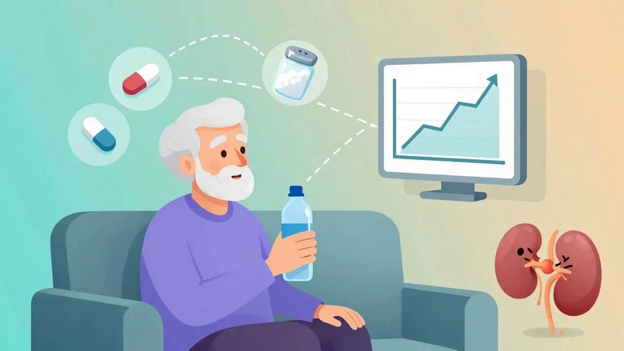Elderly person with medication icons and rising lithium graph, conveying subtle drug interaction risks.