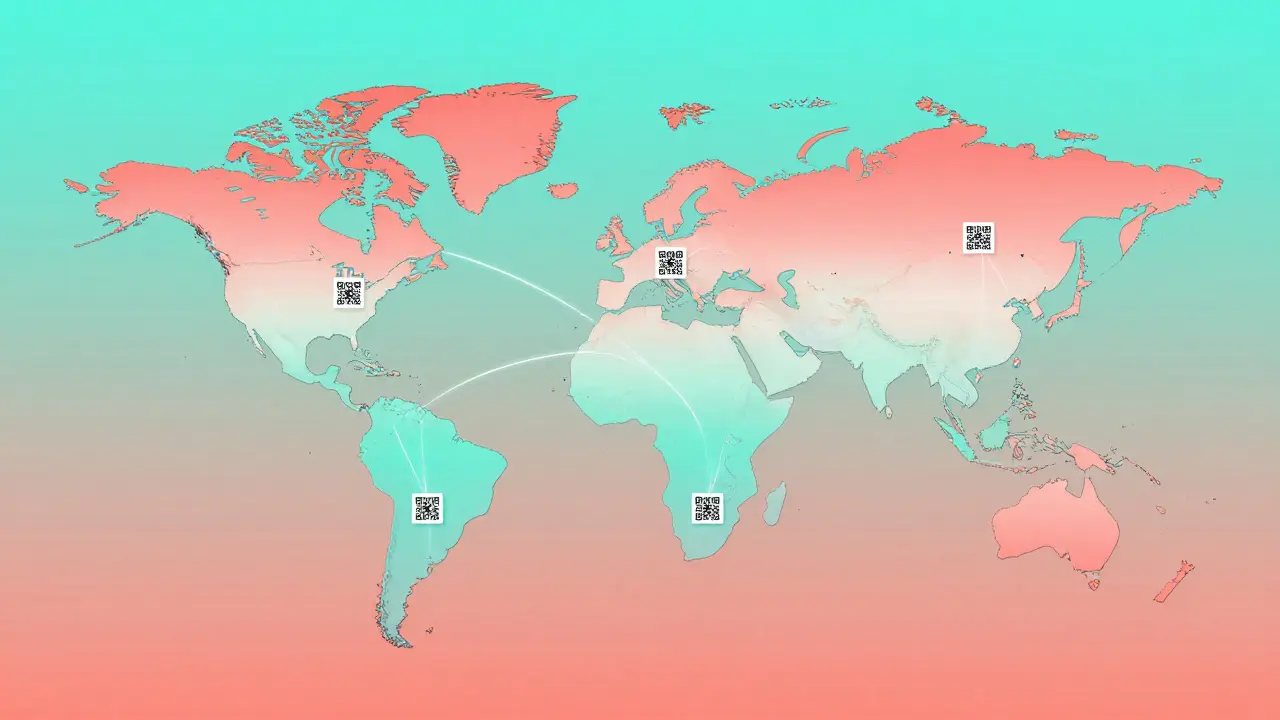 Globe with QR codes on continents connected by gradient digital streams
