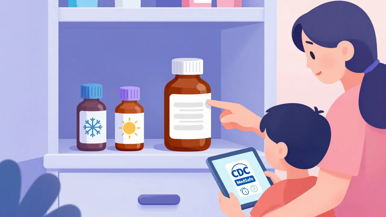Medicine cabinet with labeled antibiotic bottles and icons showing proper storage, a parent checking a CDC app.