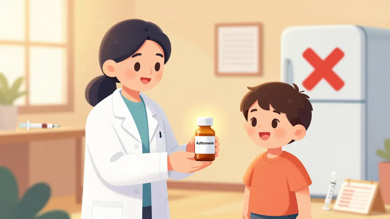 Pharmacist giving Azithromycin to a child with a 'Do Not Refrigerate' label, in a warm, sunlit room.