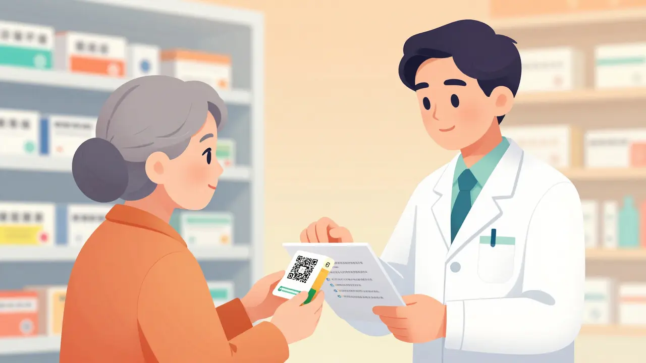 Pharmacist helping elderly patient with printed instructions beside QR code