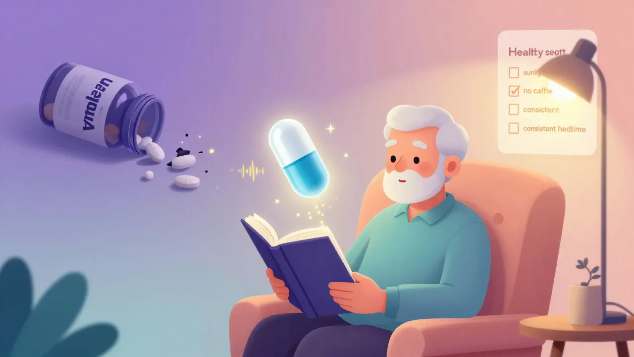Senior man reading with floating controlled-release melatonin capsule emitting soothing sleep particles.
