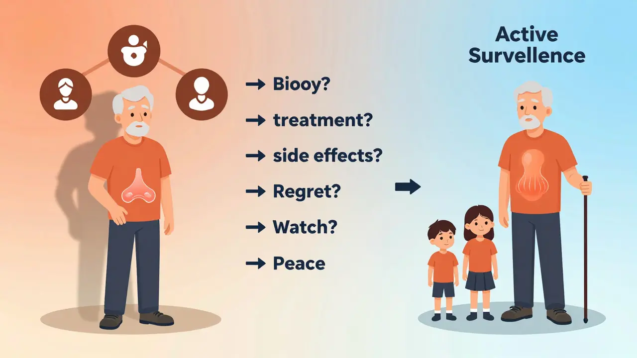 Split illustration of a man facing surgery side effects versus peaceful active surveillance with decision flow between.