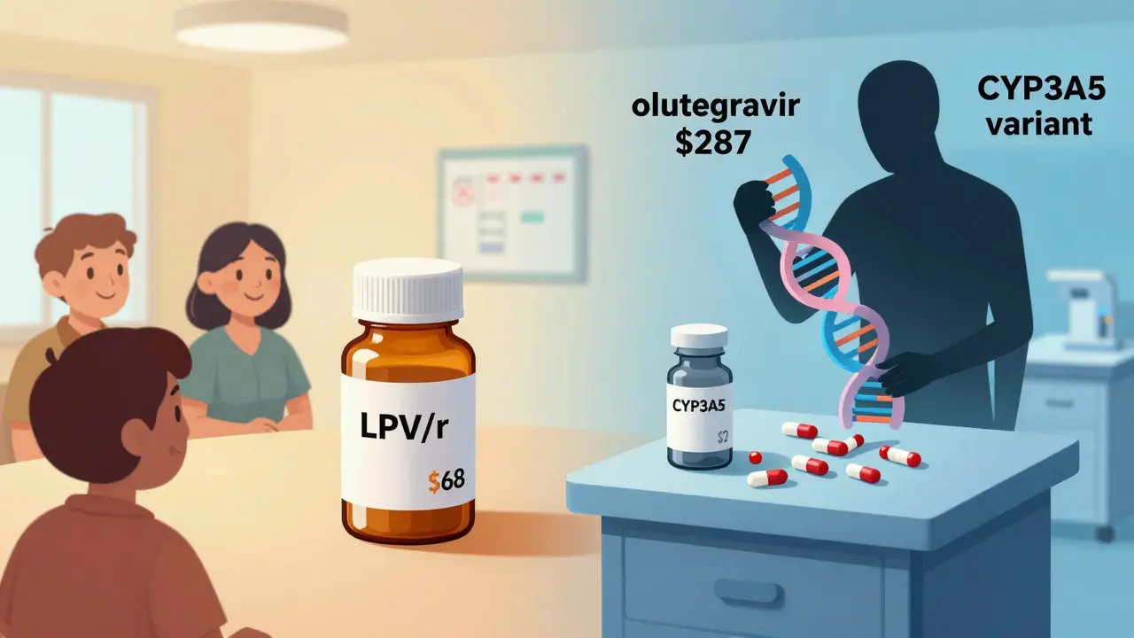 Split scene: affordable LPV/r in a clinic vs. expensive alternatives, with a DNA helix casting a shadow.