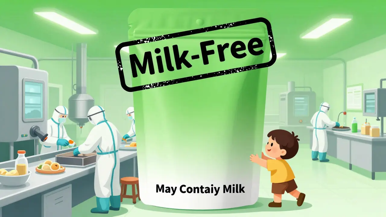 A 'Milk-Free' food package with no cross-contamination warning, shown alongside a clean production line, symbolizing trusted safety standards.