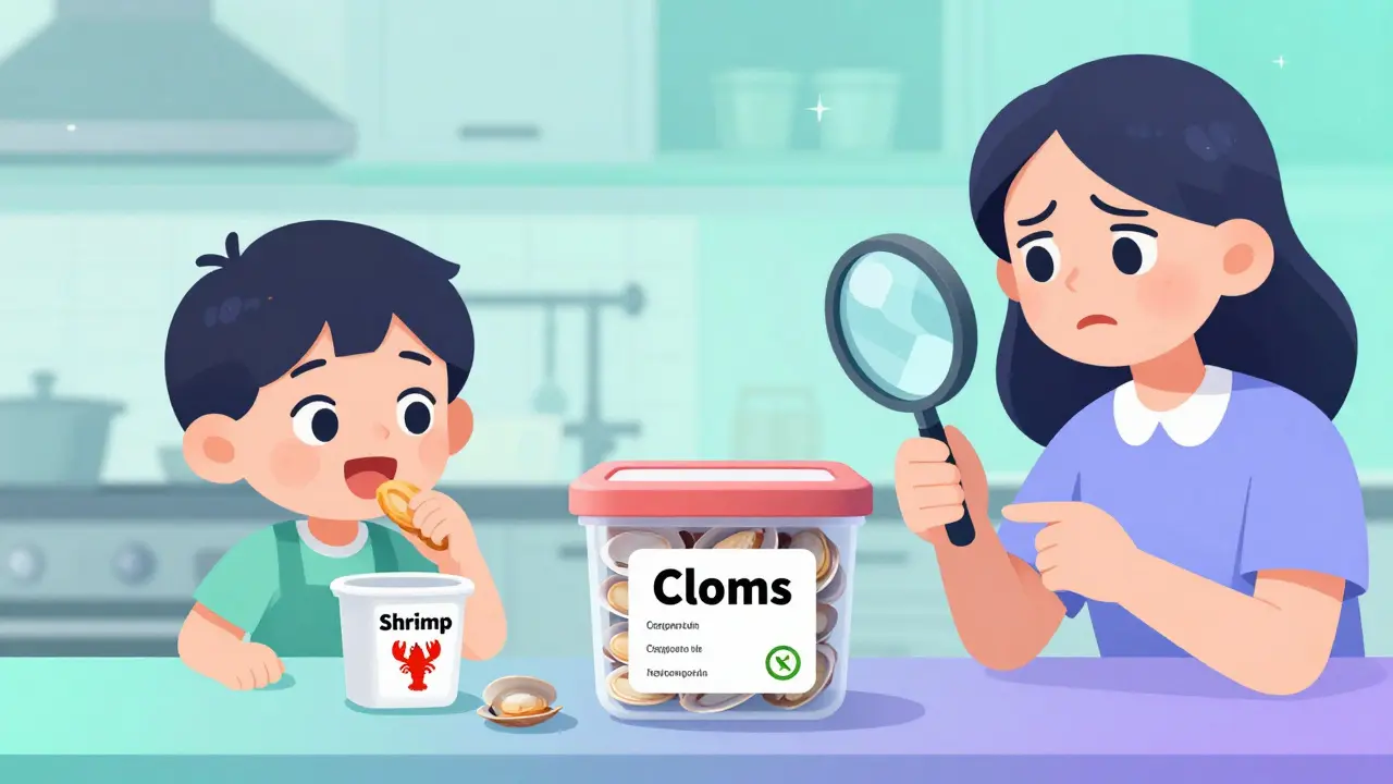 A child eats shrimp labeled clearly, while clams have no allergen warning, highlighting the gap in mollusk labeling regulations.