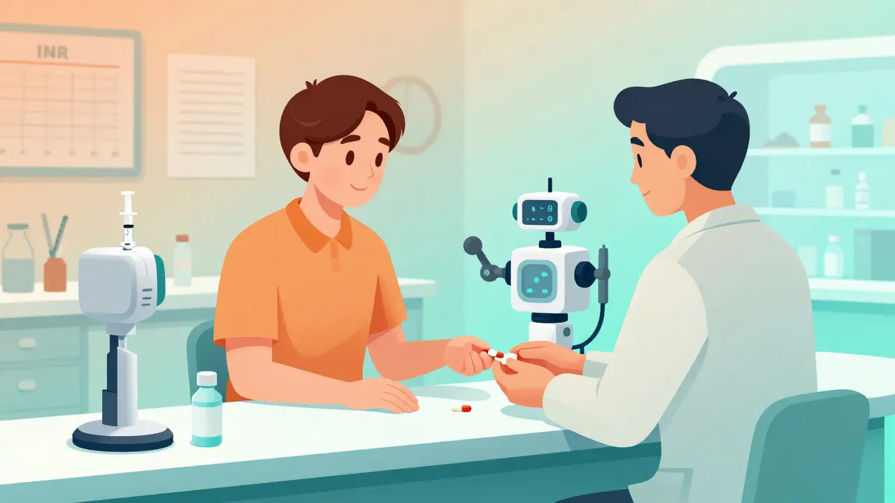 A futuristic pharmacy offering a weekly DOAC pill, contrasting with an outdated clinic full of blood test charts and equipment.