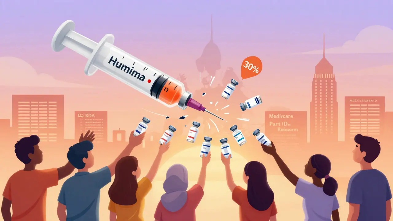 A giant Humira syringe breaking into multiple biosimilar vials as patients access affordable treatment, with regulatory symbols in the background.