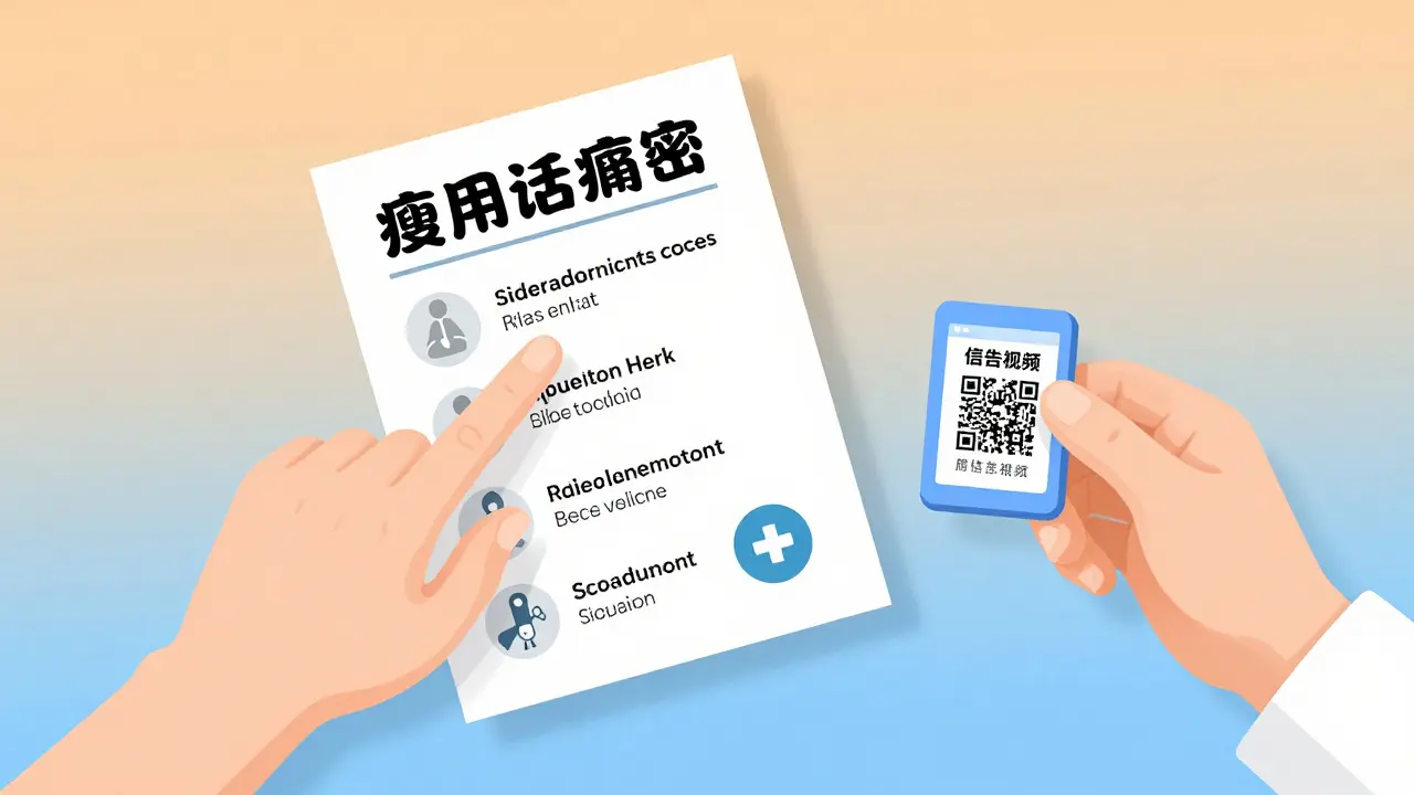 A hand points to a simple, illustrated medication guide with pill icons and clocks, beside a QR code on a tablet.