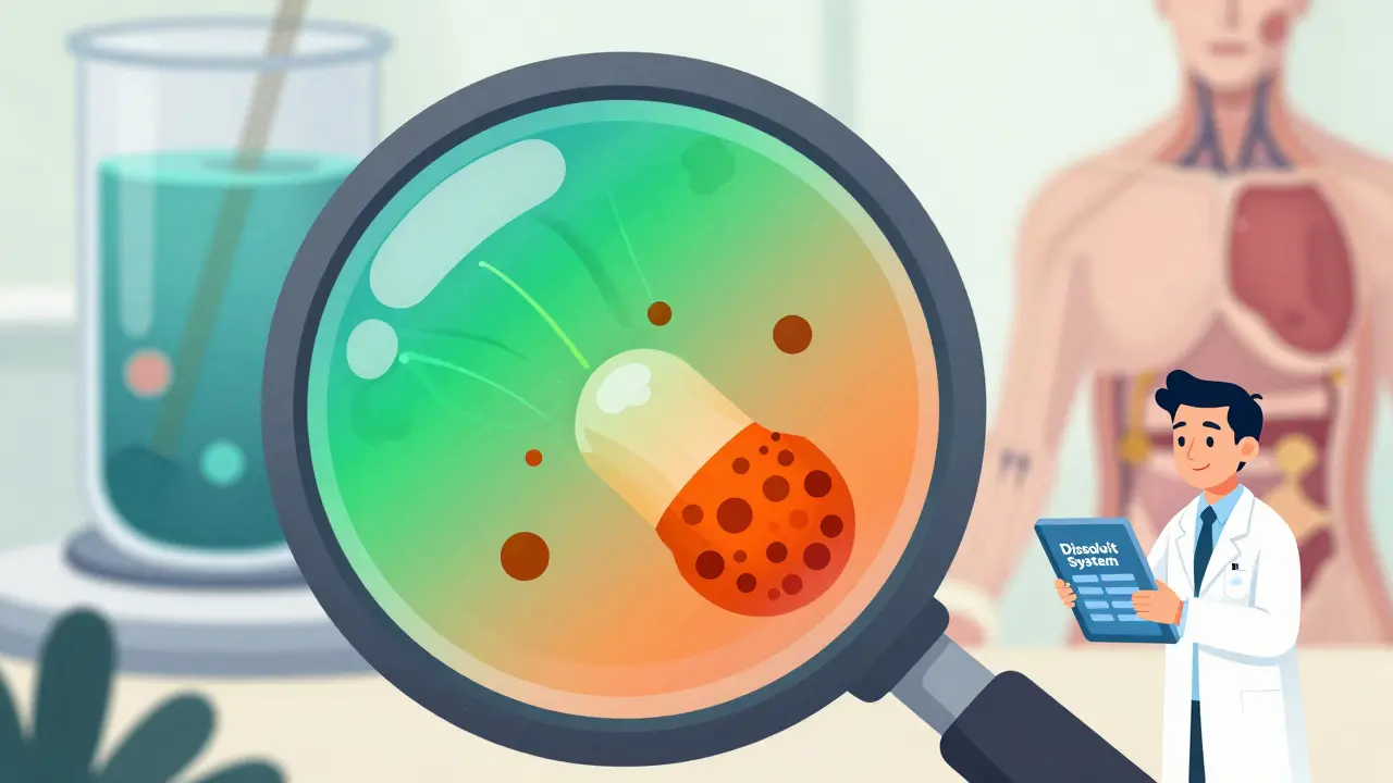 A pill dissolving in simulated gut fluid, showing real-time 3D imaging of even versus clumped drug release.