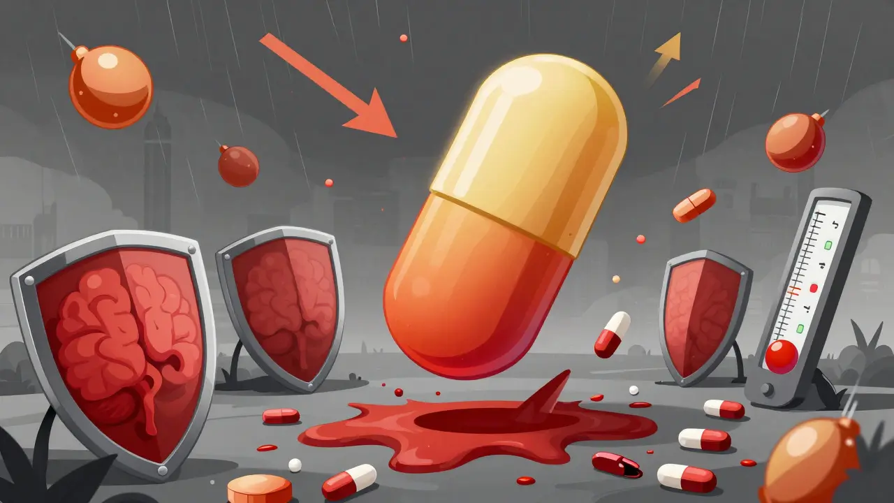 Apixaban pill as a superhero blocking bleeding risks, while warfarin is overwhelmed by drug interactions and diet hazards.