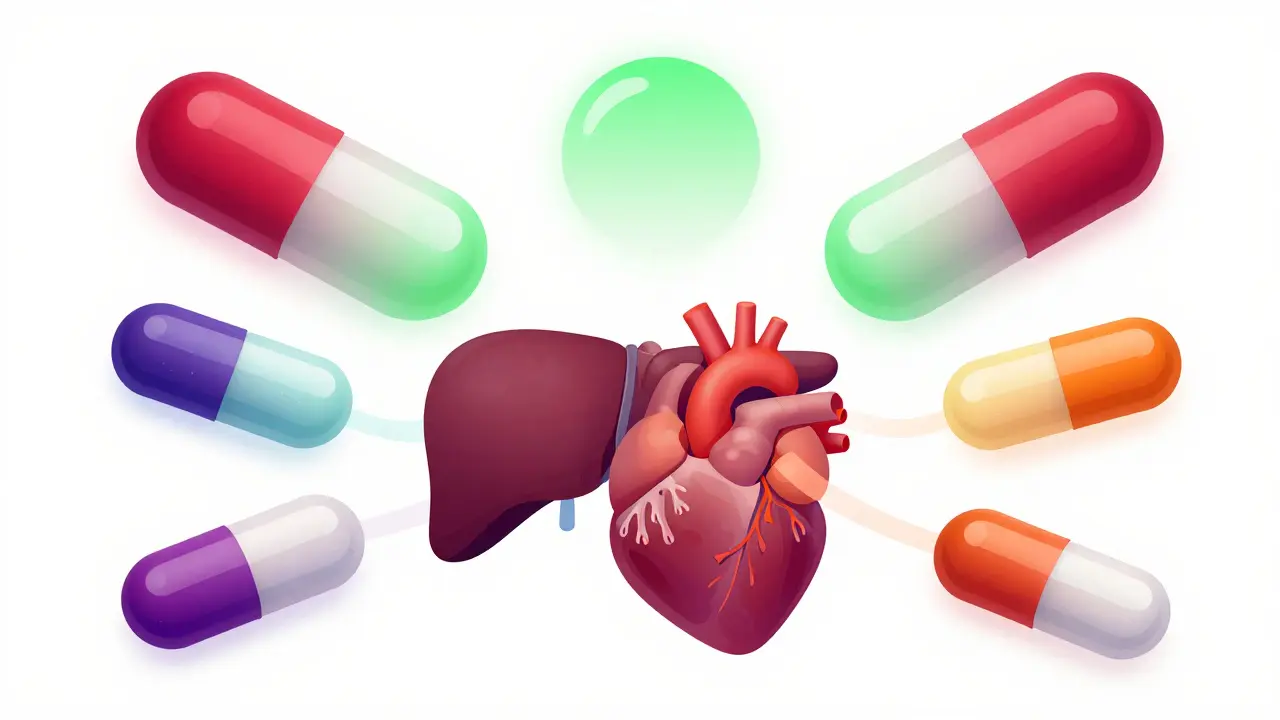 Colorful pills floating near organs indicating varying health risks