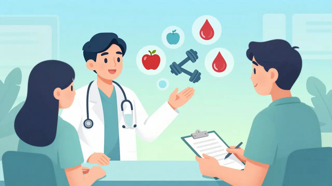 Doctor and patient discussing health plans with wellness icons