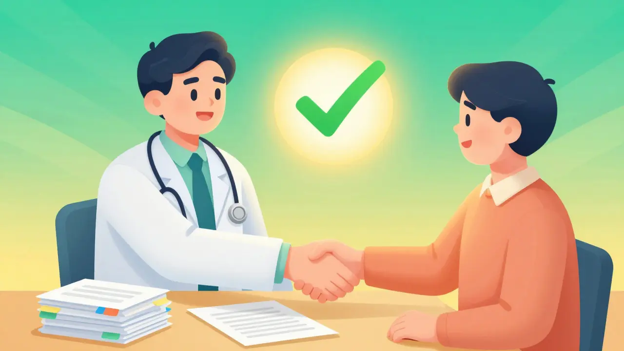 Doctor and patient shaking hands with papers on desk symbolizing successful appeal approval.