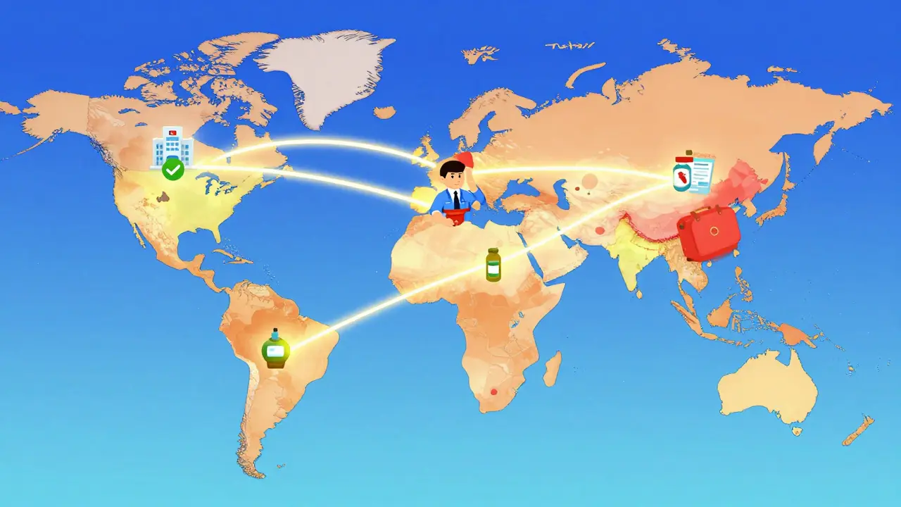 Global map showing safe and restricted countries for medications, with traveler's suitcase traveling between cities.